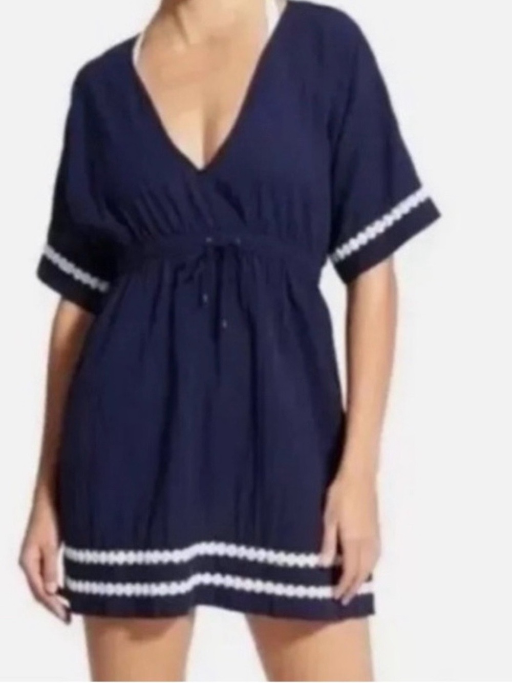 Athleta Dress /Cover-Up 100% Cotton Navy and White V Neck Size M